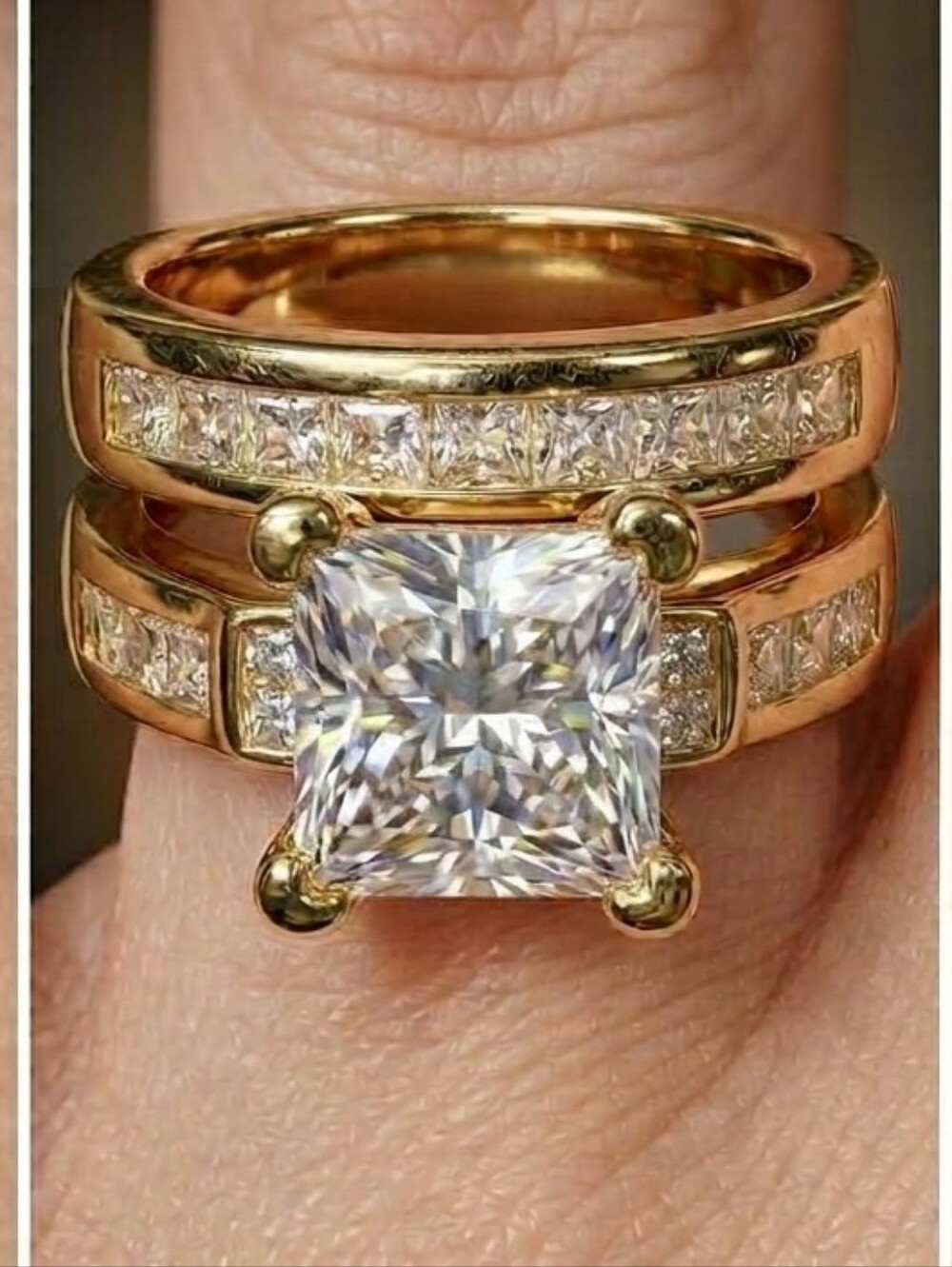Gold Tone Princess Cut CZ Engagement Ring Set - Women's Jewelry